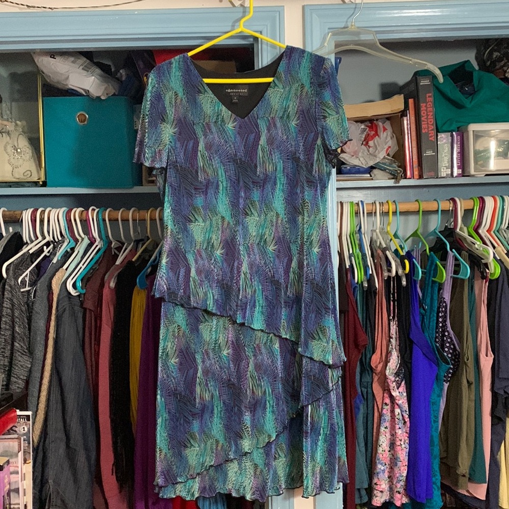 V-neck Asymmetrically Layered Peacock Dress